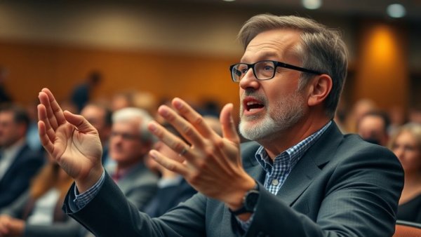 Engaged professional gesturing at conference, AI investment strategy.