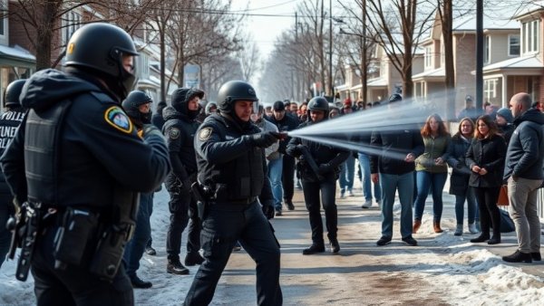 Federal agents in Minneapolis confront protestors in snowy street.