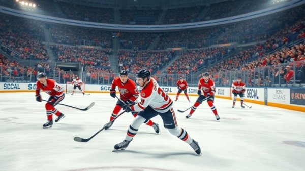 Outdoor college hockey game history; players in action, large crowd.