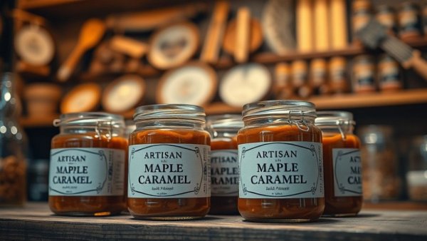 Artisan jars of salted maple caramel, Traverse City culinary destination.