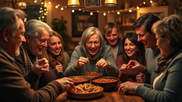 People enjoying chili tasting event under festive lights, Chili Pepper Award.