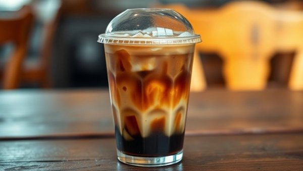 Layered iced coffee on rustic table at Michigan local coffee shop.