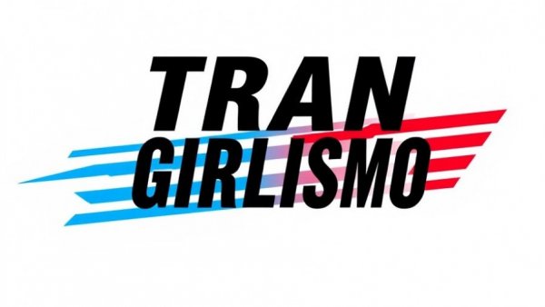 Tran Girlismo Podcast logo with blue and red stripes on white background.