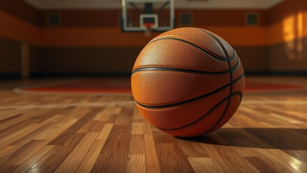 Basketball resting on a high school court floor, emphasizing high school basketball scores.