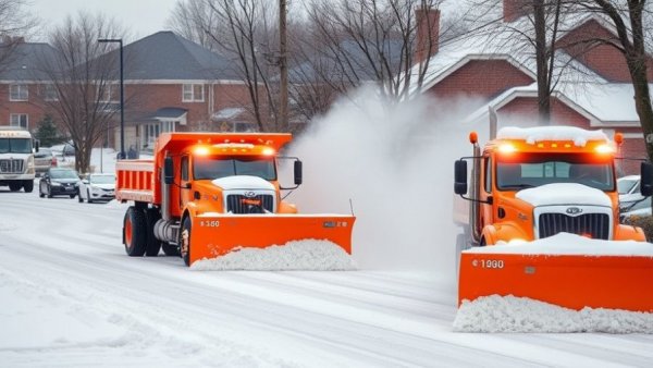 Snow removal services in Muskegon using orange plow trucks.