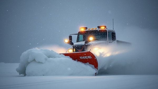 Heavy-duty snowplow clearing road during Muskegon blizzard.