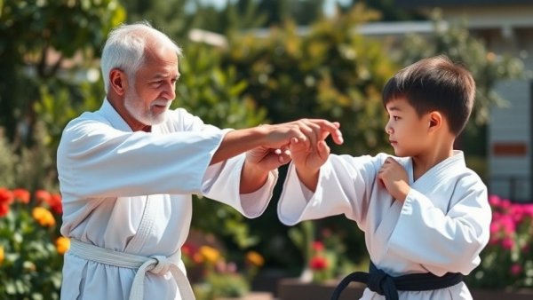 Karate lessons Gurnee: mentor and student practicing in a garden