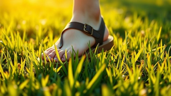Person caring for new sod with sandals in sunlight.