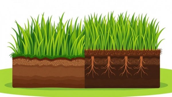 Illustration comparing dethatching vs aeration with healthy and unhealthy grass.