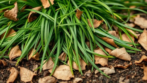 Pile of grass clippings and leaves in a garden setting.