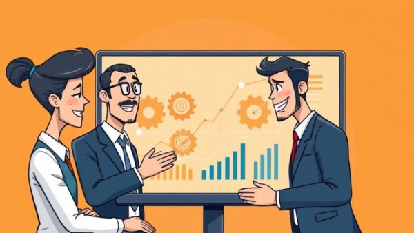 Illustration of professionals discussing data, gears; Cobb County business licenses.