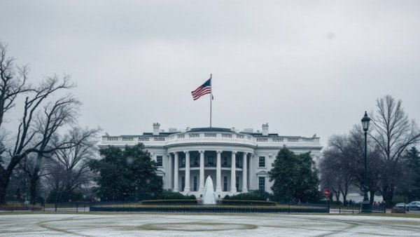 White House in snowfall with American flag, wintry scene.