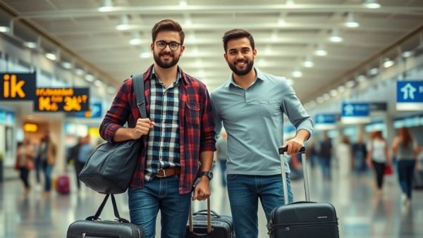 Men with luggage at the airport, Michigan travel guide information.