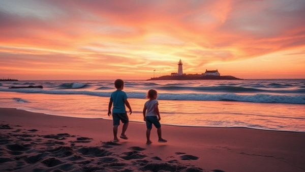 Serene Michigan beach sunset, kids exploring shoreline.