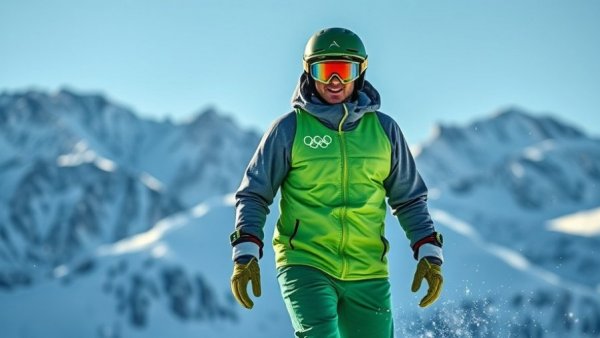 Olympic snowboarder in green vest on snowy mountain.
