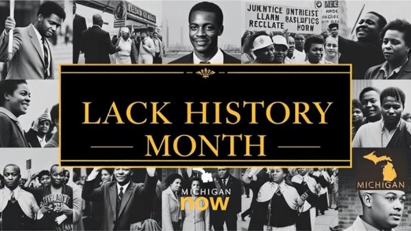 Black History Month in Mid-Michigan banner with historical photos and sponsor logos.