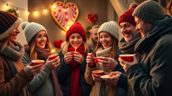 People in winter attire enjoying the St. Joseph Chili Tour in a cozy setting.
