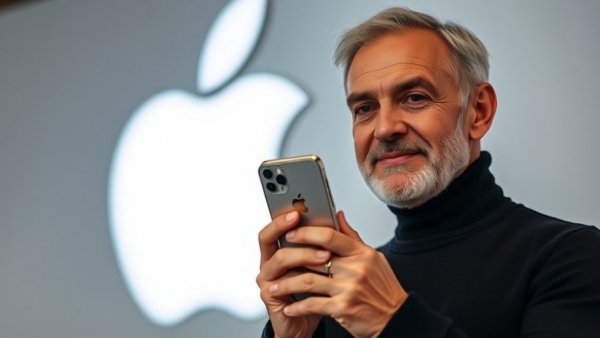 Innovation distinguishes leader from follower: man presenting smartphone.