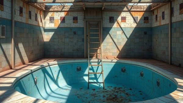 Neglected swimming pool showing signs of fraud by unlicensed contractor.