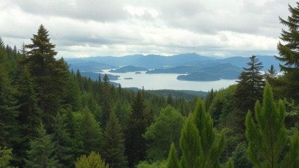 Vast Michigan landscape with forest and lake under cloudy sky.