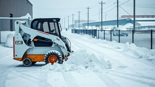Snow removal for driveway in Muskegon using a skid-steer loader.