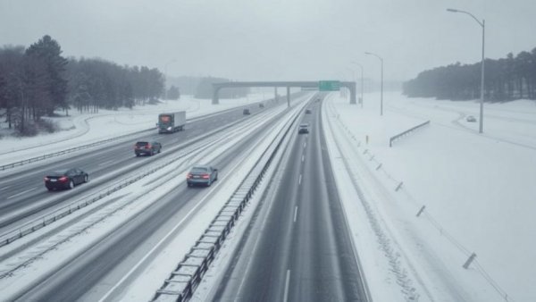 Snowy I-94 highway in Kalamazoo County with sparse vehicles