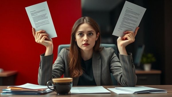 Young woman at desk, considering work amidst AI developments.