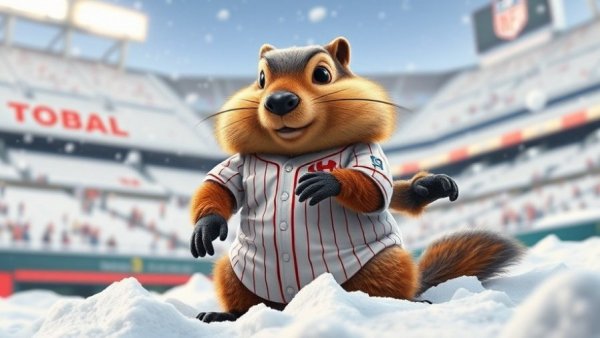 Groundhog mascot at Michigan stadium, embracing snowy setting.