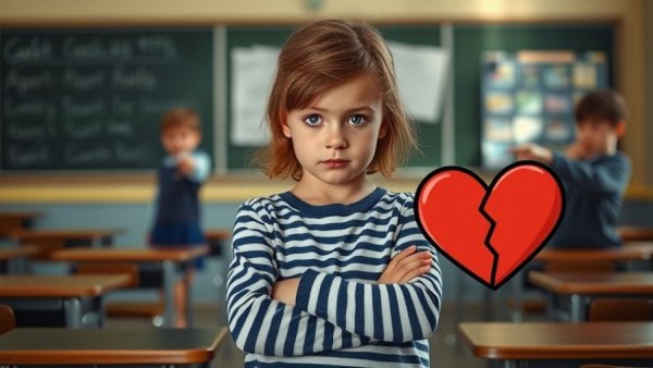 Young girl bullied in classroom, cartoon broken heart overlay.