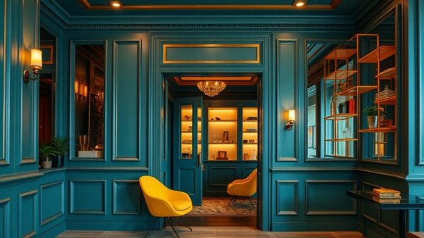 Stylish entrance of a romantic restaurant in Grand Rapids with teal decor.