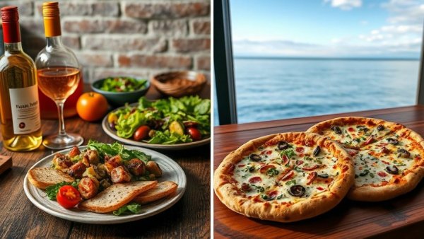 Delicious Traverse City food and wine with scenic ocean view.