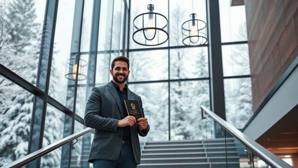 Man holding award at top restaurant in Michigan with modern decor.