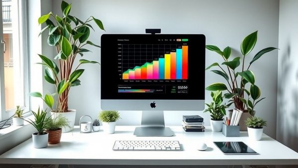 Modern workspace displaying growth chart for small business forecasts.