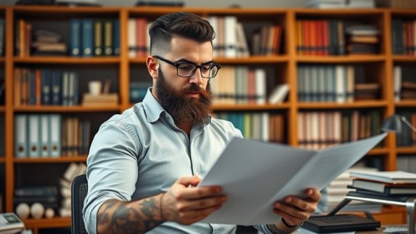Businessman in office reviewing documents for small business growth forecasts 2026.