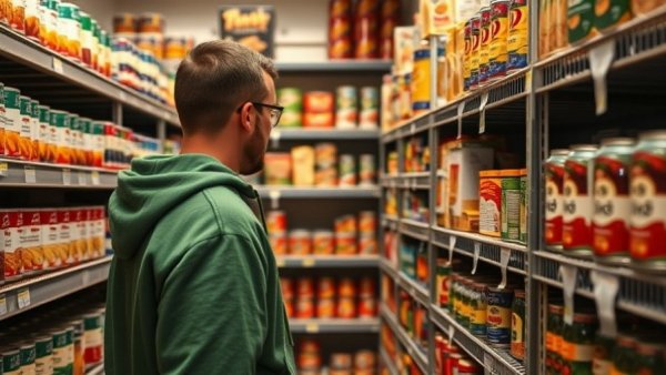 Person choosing canned goods in a Michigan food pantry.