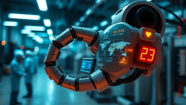 Robotic arm analyzing data in factory, highlighting automotive production risks.