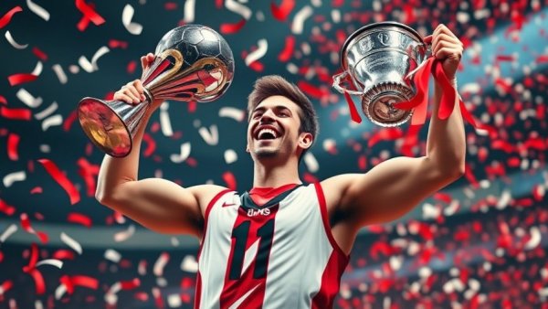 Athlete celebrating victory with a trophy amidst confetti, sports clips michigan sports highlights.