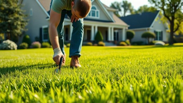 Lawn care professional inspecting a lush lawn in Shelby MI.