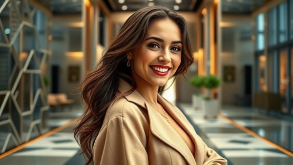 Stylish young woman smiling in a luxurious geometric setting.