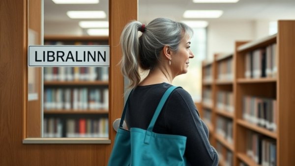 Woman checking library office during community event.