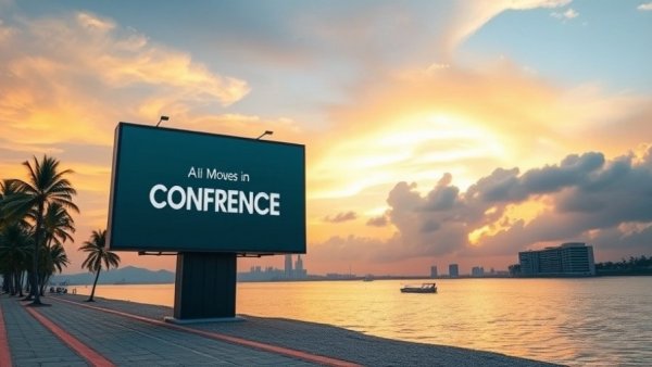 AI implementation in business event billboard by beach at sunset.