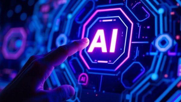 AI in Workplace Productivity: Hand interacting with AI interface, futuristic tech design.