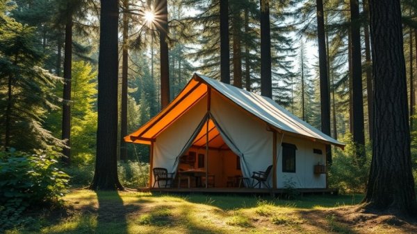 Luxury glamping tent nestled in serene Michigan forest setting.