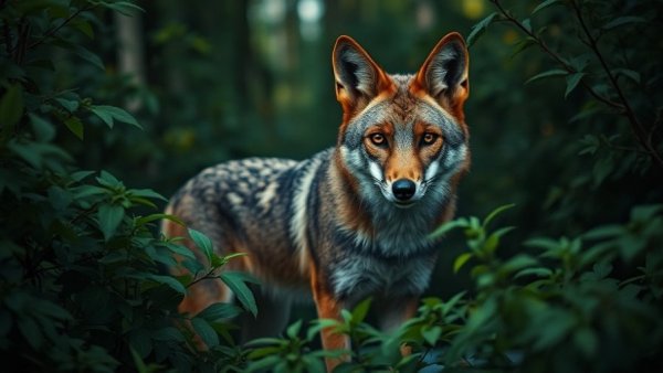 Close-up of coyote in lush foliage related to Michigan coyote hunting regulations.