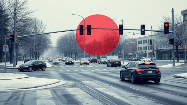 Wintery Michigan traffic scene highlighting cars at intersection.