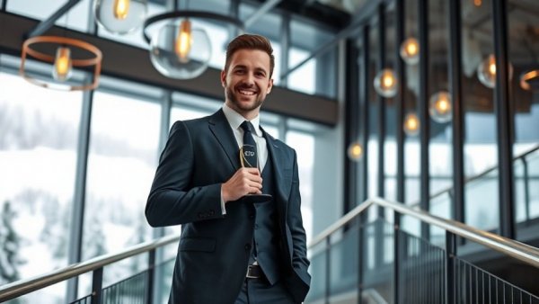 Recipient of Distinguished Service Award in Michigan restaurant holding trophy indoors.