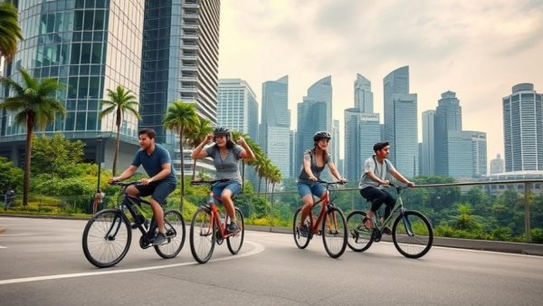 Cyclists in Singapore with a modern skyline showcasing entrepreneurial mindset.