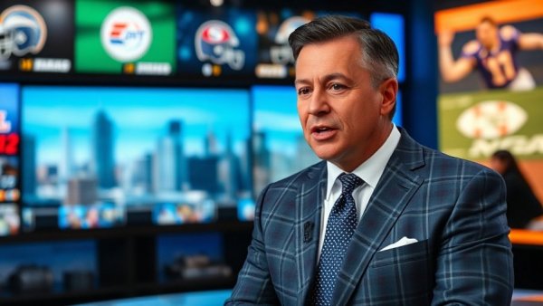 Pittsburgh sports anchor discussing analysis with city skyline backdrop.