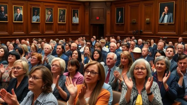 Public hearing on Suffolk County Contract Controversy, attendees clapping.