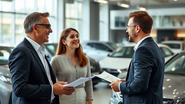 Optimistic couple and salesman discussing automotive loyalty in car showroom